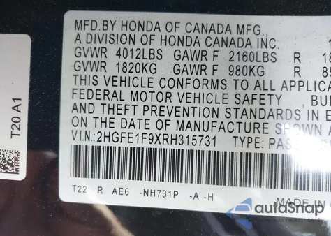 2024 Honda Civic Touring from USA, damaged, VIN 2HGFE1F9XRH315731